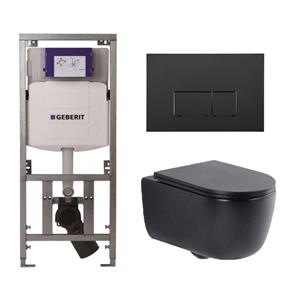 Geberit QeramiQ Dely Swirl Toiletset - 36.3x51.7cm -  UP320 Burda inbouwreservoir - slim zitting - mat zwarte metalen bedieningsplaat - rechthoekige knoppen - mat zwart 0701131/SW706193/SW1000768/SW102
