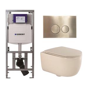 Geberit QeramiQ Dely Swirl Toiletset - 36.3x51.7cm -  UP320 Burda inbouwreservoir -slim zitting - geborsteld messing bedieningsplaat - ronde knoppen - beige 0701131/SW706200/SW1000770/SW1026259