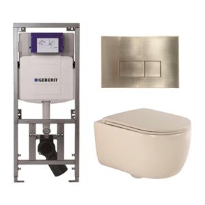 Geberit QeramiQ Dely Swirl Toiletset - 36.3x51.7cm -  UP320 Burda inbouwreservoir - slim zitting - geborsteld messing bedieningsplaat - rechthoekige knoppen - beige 0701131/SW706201/SW1000770/SW1026259