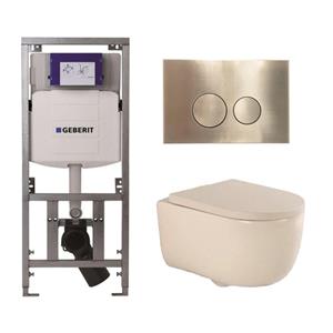 Geberit QeramiQ Dely Swirl Toiletset - 36.3x51.7cm -  UP320 Burda inbouwreservoir - 35mm zitting - geborsteld messing bedieningsplaat - ronde knoppen - beige 0701131/SW706200/SW1000771/SW1026259