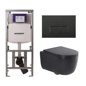 Geberit QeramiQ Dely Swirl Toiletset - 36.3x51.7cm -  UP320 Burda inbouwreservoir - 35mm zitting - mat zwarte metalen bedieningsplaat - rechthoekige knoppen - mat zwart 0701131/SW706193/SW1000769/SW102