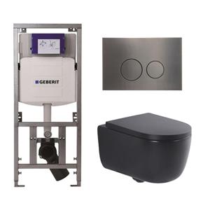 Geberit QeramiQ Dely Swirl Toiletset - 36.3x51.7cm -  UP320 Burda inbouwreservoir - 35mm zitting - gunmetal bedieningsplaat - ronde knoppen - mat zwart 0701131/SW706198/SW1000769/SW1026258
