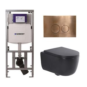 Geberit QeramiQ Dely Swirl Toiletset - 36.3x51.7cm -  UP320 Burda inbouwreservoir - 35mm zitting - koperen bedieningsplaat - ronde knoppen - mat zwart 0701131/SW706196/SW1000769/SW106258