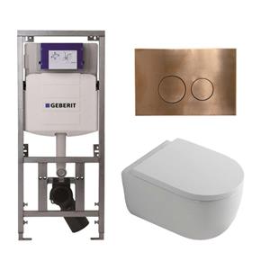 Geberit QeramiQ Dely Swirl Toiletset - 36.3x51.7cm - diepspoel - rimless -  UP320 Burda inbouwreservoir - 35mm zitting - koperen bedieningsplaat - ronde knoppen - wit mat 0701131/SW706196/SW1000767/SW1