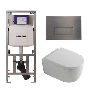 Geberit QeramiQ Dely Swirl Toiletset - 36.3x51.7cm - diepspoel - rimless -  UP320 Burda inbouwreservoir - 35mm zitting - gunmetal bedieningsplaat - rechtehoekige knoppen - wit mat 0701131/SW706199/SW10