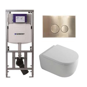Geberit QeramiQ Dely Swirl Toiletset - 36.3x51.7cm - diepspoel - rimless -  UP320 Burda inbouwreservoir - 35mm zitting - geborsteld messing bedieningsplaat - ronde knoppen - wit mat 0701131/SW706200/SW