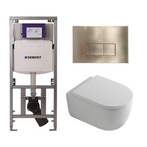 Geberit QeramiQ Dely Swirl Toiletset - 36.3x51.7cm - diepspoel - rimless -  UP320 Burda inbouwreservoir - 35mm zitting - geborsteld messing bedieningsplaat - rechtehoekige knoppen - wit mat 0701131/SW7