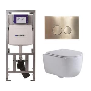 Geberit QeramiQ Dely Swirl Toiletset - 36.3x51.7cm -  UP320 Burda inbouwreservoir -slim zitting - geborsteld messing bedieningsplaat - ronde knoppen - wit glans 0701131/SW706200/SW1000766/sw106256