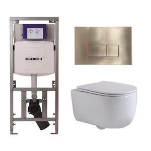 Geberit QeramiQ Dely Swirl Toiletset - 36.3x51.7cm -  UP320 Burda inbouwreservoir - slim zitting - geborsteld messing bedieningsplaat - rechthoekige knoppen - wit glans 0701131/SW706201/SW1000766/SW102