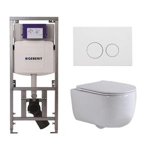 Geberit QeramiQ Dely Swirl Toiletset - 36.3x51.7cm - diepspoel - rimless -  UP320 Burda inbouwreservoir - slim zitting - mat witte metalen bedieningsplaat - ronde knoppen - wit mat 0701131/SW706190/SW1