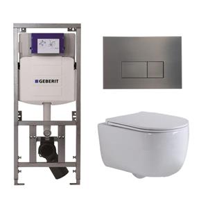 Geberit QeramiQ Dely Swirl Toiletset - 36.3x51.7cm - diepspoel - rimless -  UP320 Burda inbouwreservoir - slim zitting - gunmetal bedieningsplaat - rechtehoekige knoppen - wit mat 0701131/SW706199/SW10