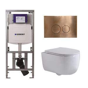Geberit QeramiQ Dely Swirl Toiletset - 36.3x51.7cm - diepspoel - rimless -  UP320 Burda inbouwreservoir - slim zitting - koperen bedieningsplaat - ronde knoppen - wit mat 0701131/SW706196/SW1000766/SW1