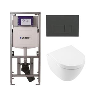 Villeroy & Boch Subway 2.0 compact DirectFlush Toiletset - Geberit reservoir - softclose - quickrelease - bedieningsplaat bedieningsplaat antraciet mat - rechthoekige knoppen - wit 0701131/1024232/SW1