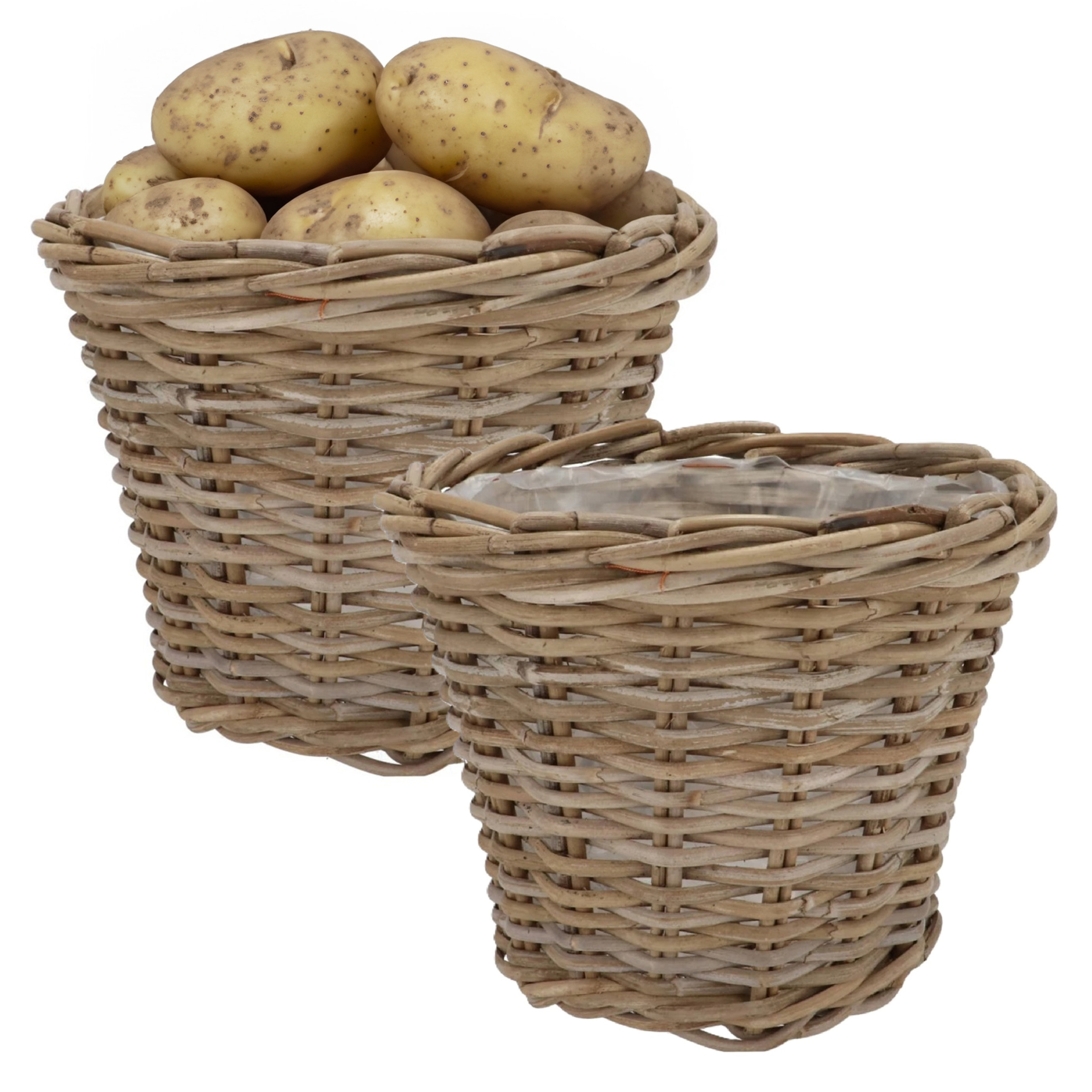 DK Design Plantenmand/aardappelmand Ivy - 2x - met binnenzak - rotan - B25 x H22 cm - binnen/buiten bloempotte -