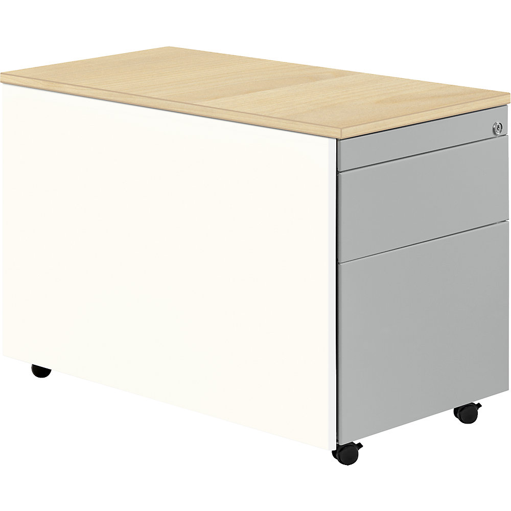 Mauser Ladeblok op wielen, h x d = 579 x 800 mm, kunststof plaat, 1 materiaallade, 1 hangmappenlade, zuiver wit / blank aluminiumkleurig / ahornhoutdecor