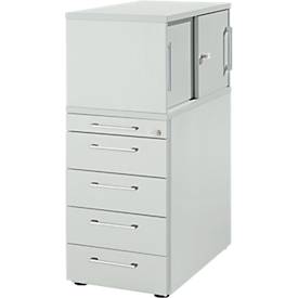 Schäfer Shop Genius Hoog ladeblok met opzetkast met schuifdeuren, afsluitbaar, B 435 x D 800 x H 1092 mm, met vierkante handgreep, lichtgrijs/lichtgrijs
