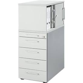 Schäfer Shop Genius Hoog ladeblok met opzetkast met schuifdeuren, afsluitbaar, B 435 x D 800 x H 1092 mm, met vierkante handgreep, lichtgrijs/blank aluminium