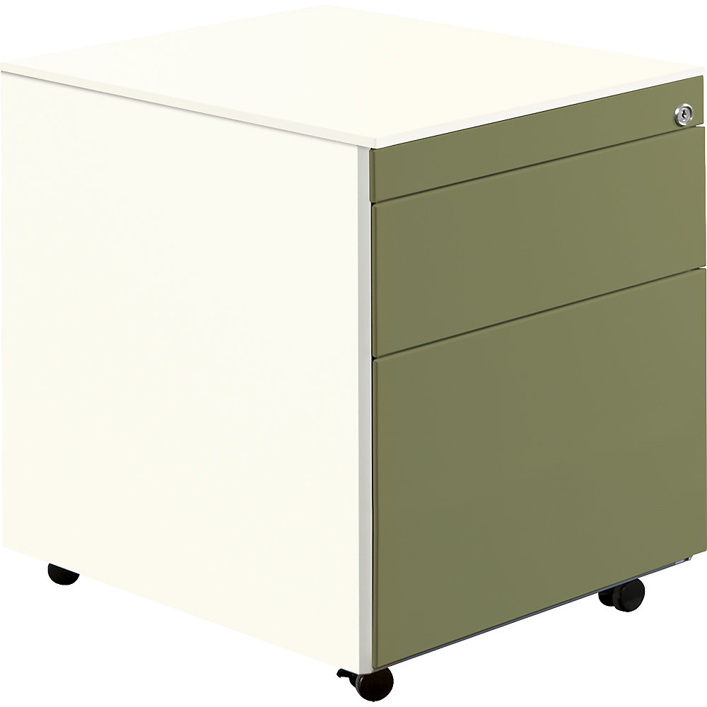 Mauser Ladeblok op wielen, h x d = 570 x 600 mm, 1 materiaallade, 1 hangmappenlade, zuiver wit / rietgroen / zuiver wit
