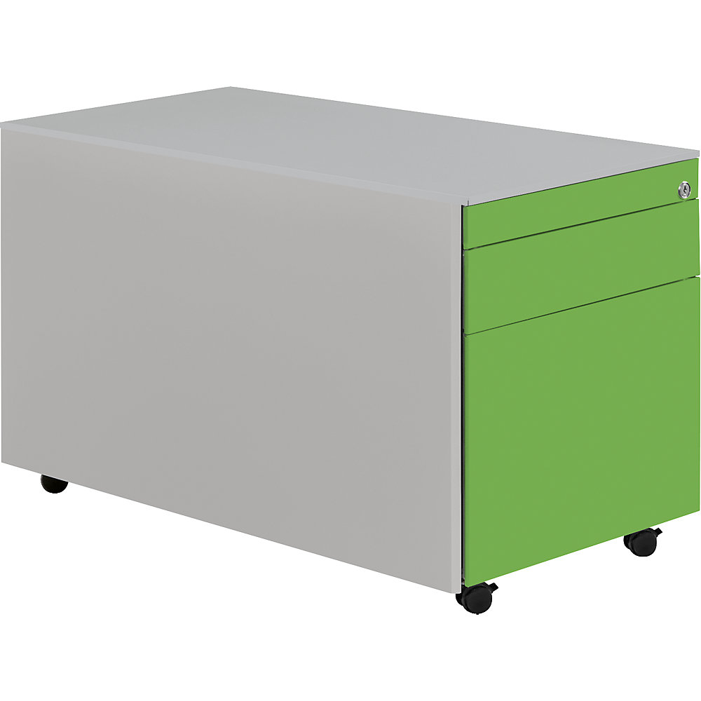 Mauser Ladeblok op wielen, h x d = 520 x 800 mm, 1 materiaallade, 1 hangmappenlade, blank aluminiumkleurig / geelgroen / blank aluminiumkleurig