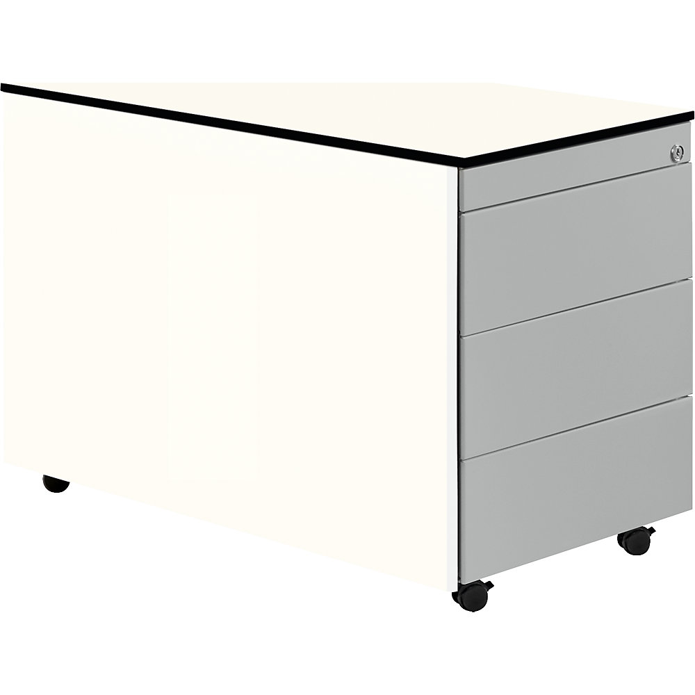 Mauser Ladeblok op wielen, h x d = 573 x 800 mm, blad van HPL met massieve kern, 3 laden, zuiver wit / blank aluminiumkleurig / wit
