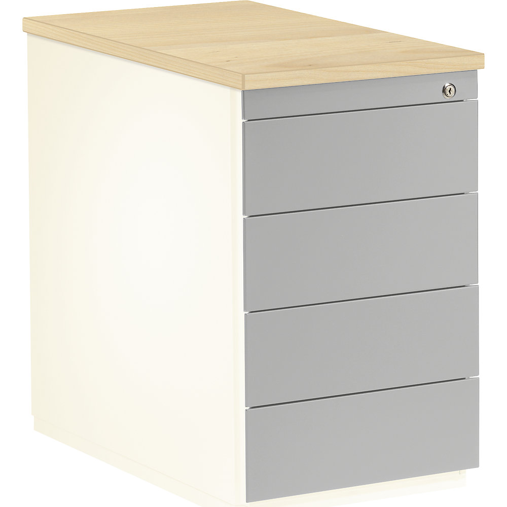 Mauser Ladeblok, h x d = 720 x 800 mm, 4 laden, zuiver wit / blank aluminiumkleurig / ahornhoutdecor