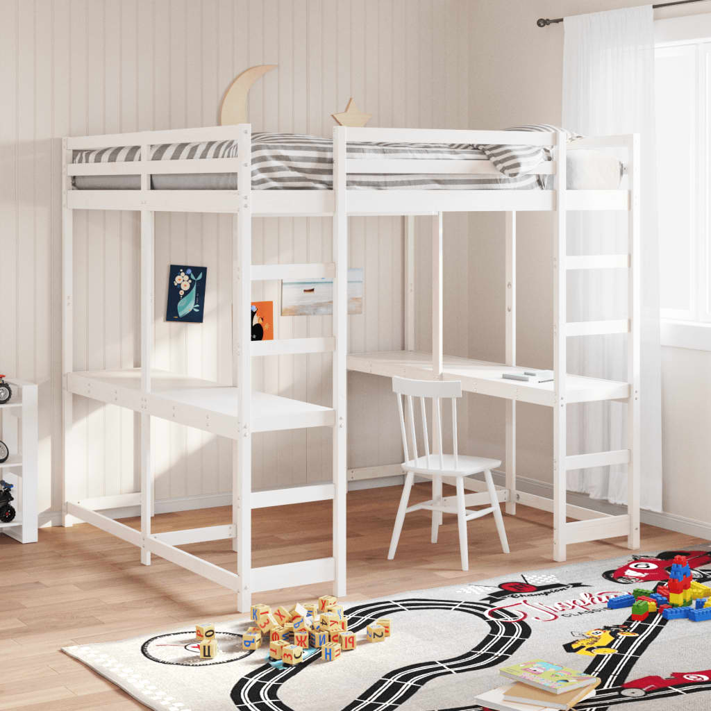 VidaXL Hoogslaper met bureau en ladder grenenhout wit 180x200 cm