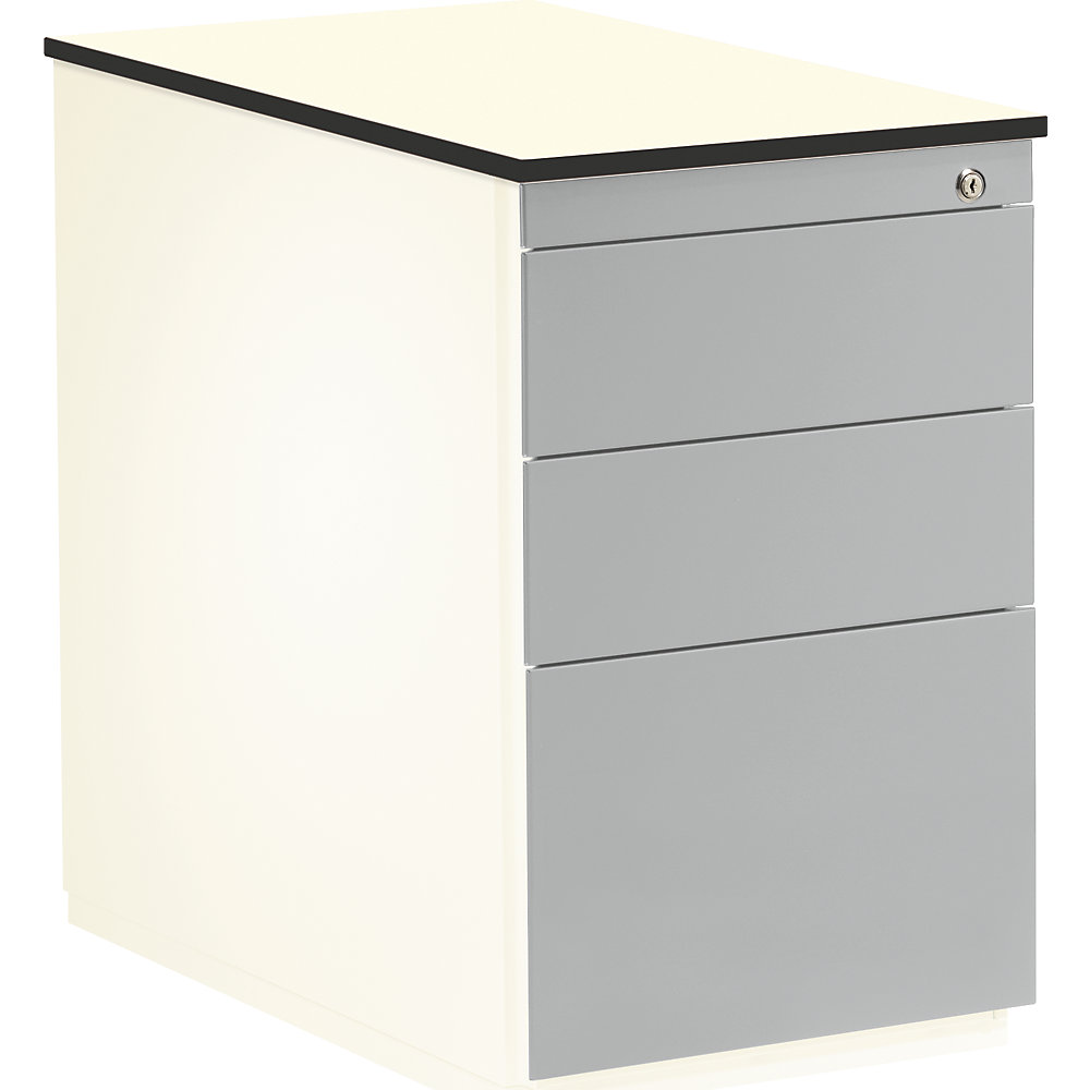 Mauser Ladeblok, h x d = 708 x 800 mm, 2 materiaalladen, 1 hangmappenlade, zuiver wit / blank aluminiumkleurig / wit