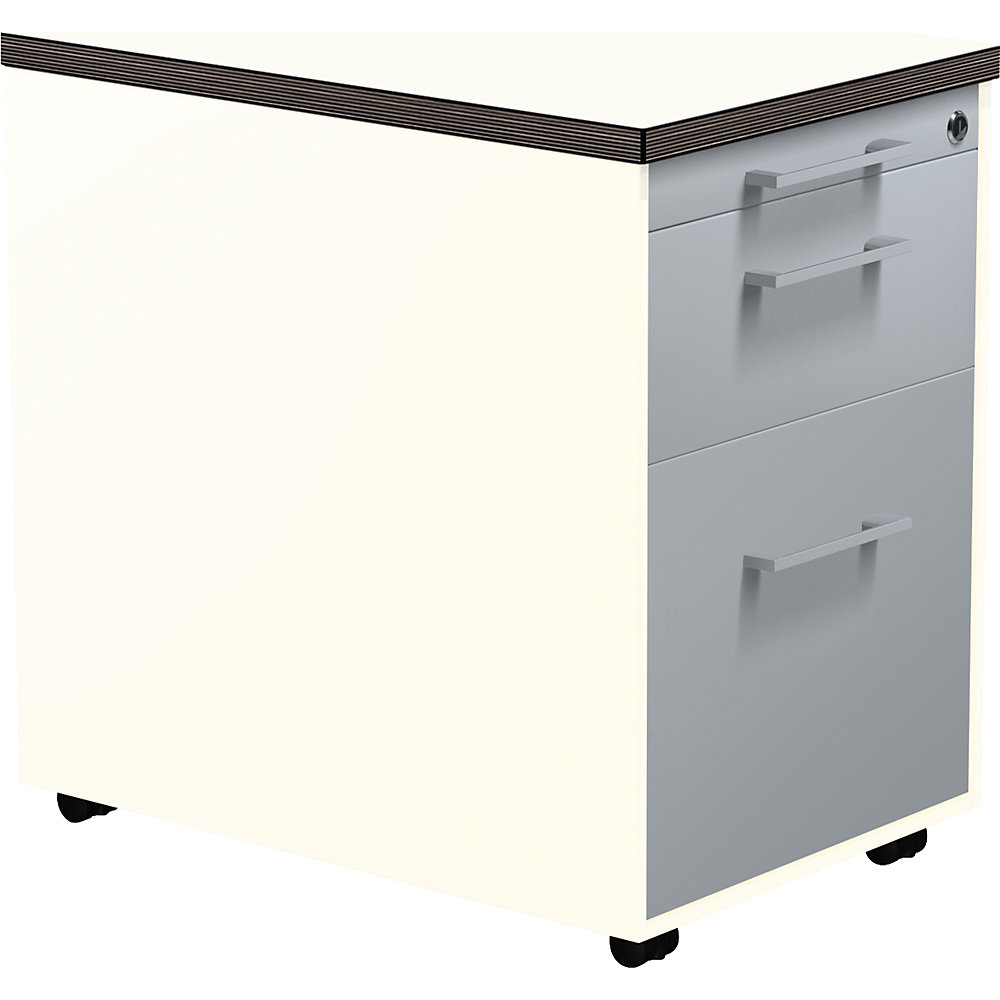 Mauser Verrijdbaar ladeblok, h x d = 579 x 600 mm, 1 materiaallade, 1 hangmappenlade, zuiver wit / blank aluminiumkleurig / wit