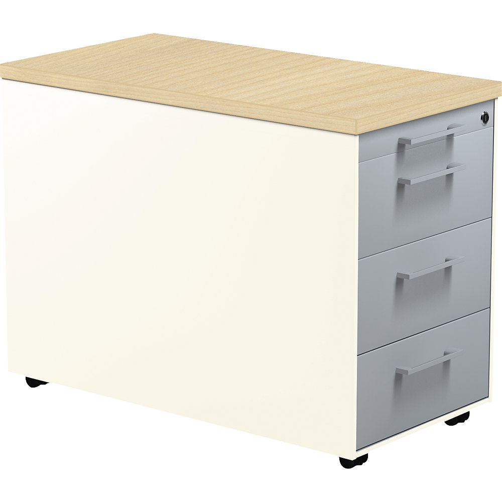 Mauser Verrijdbaar ladeblok, h x d = 579 x 800 mm, 3 laden, zuiver wit / blank aluminiumkleurig / ahornhoutdecor