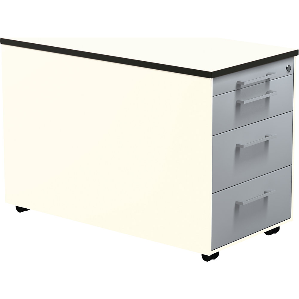 Mauser Verrijdbaar ladeblok, h x d = 523 x 800 mm, 3 materiaalladen, zuiver wit / blank aluminiumkleurig / wit