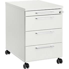 Verrijdbaar ladeblok 1333, 3 laden en 1 materiaallade, afsluitbaar, hoekige grepen, hout/staal/kunststof, B 434 x D 600 x H 613 mm, wit