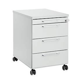 Verrijdbaar onderstel 1333, 3 laden en 1materiaallade, afsluitbaar, vierkante grepen, hout/staal/kunststof, B 434 x D 800 x H 613 mm, lichtgrijs