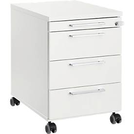 Verrijdbaar onderstel 1333, 3 laden en 1materiaallade,, afsluitbaar, hoekige grepen, hout/staal/kunststof, B 434 x D 800 x H 613 mm, wit
