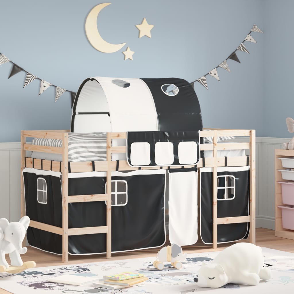 VidaXL Kinderhoogslaper met tunnel 90x200 cm grenenhout wit en zwart