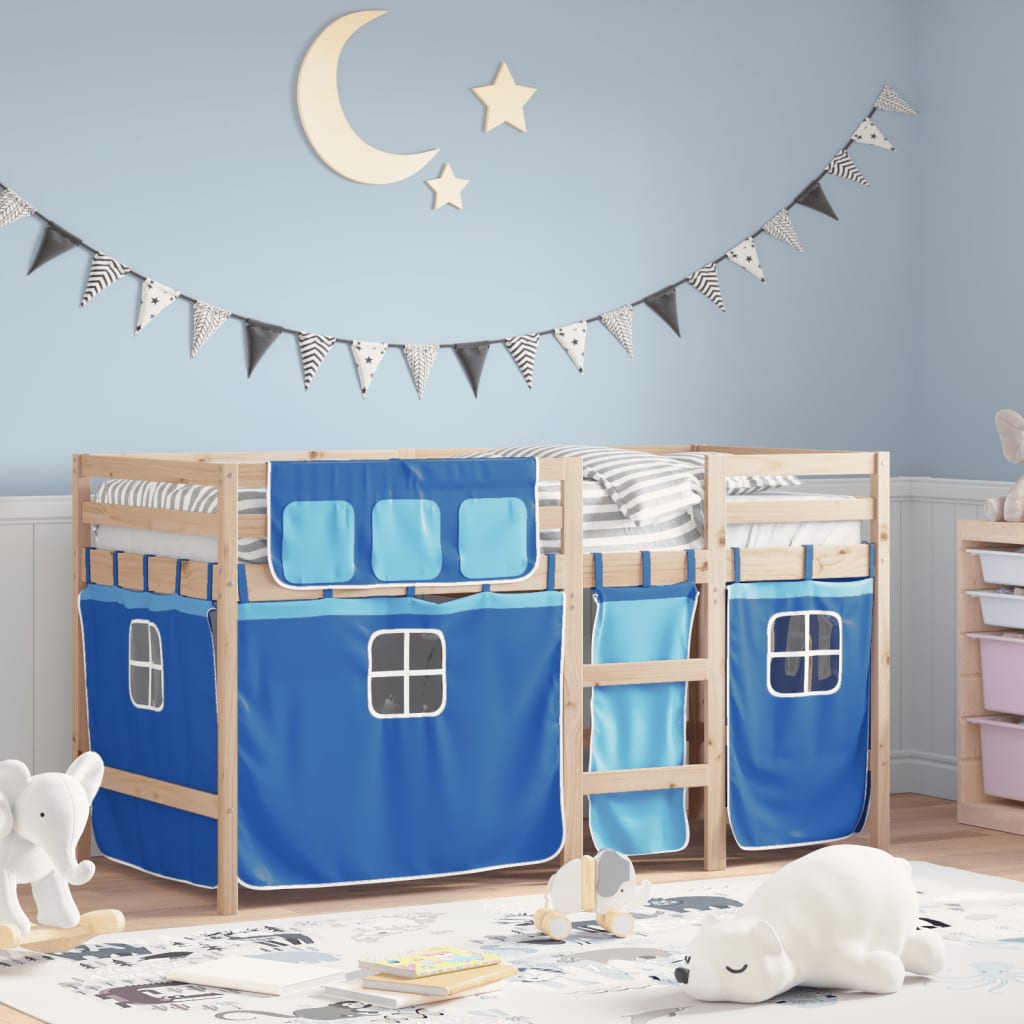VidaXL Kinderhoogslaper met gordijnen 80x200 cm grenenhout blauw