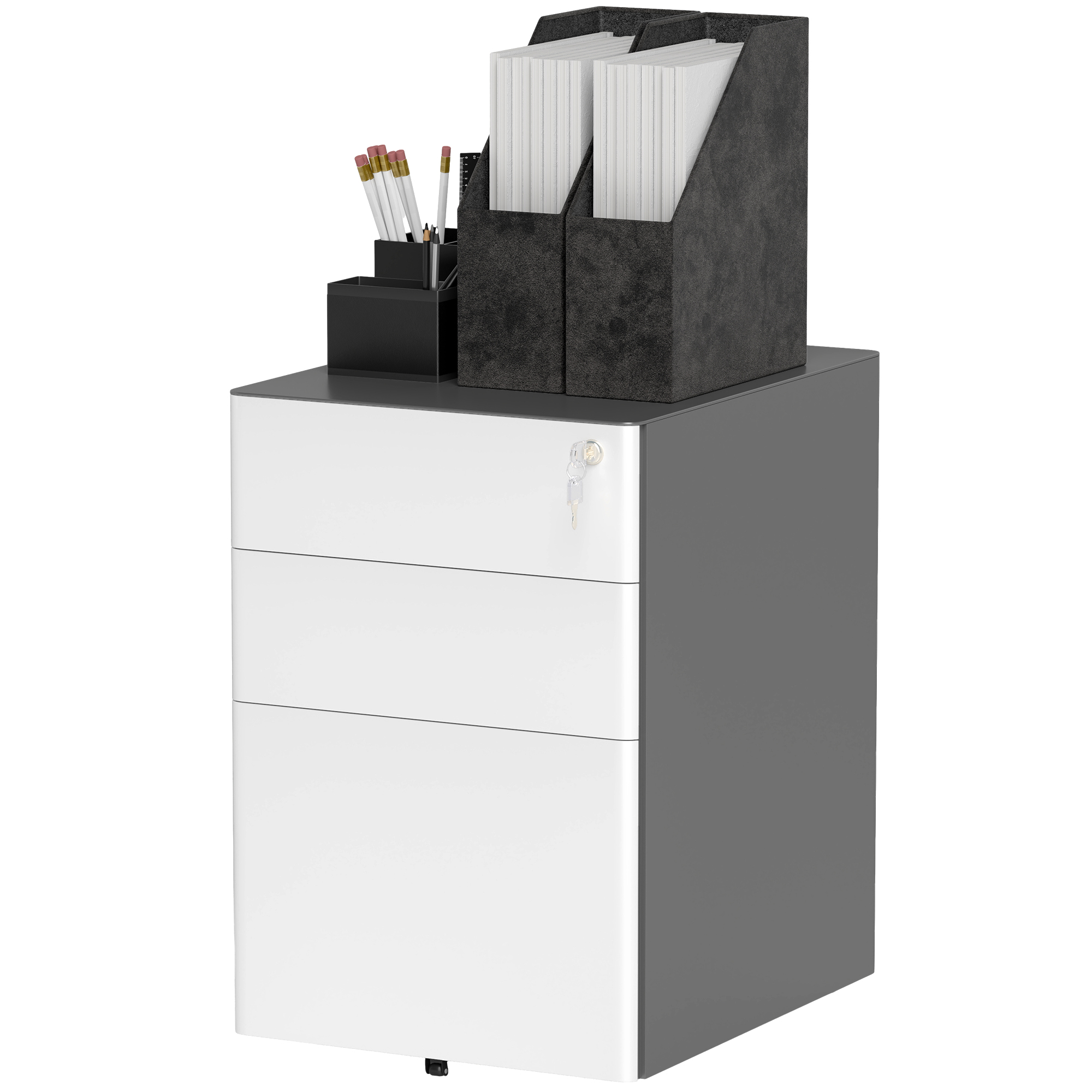 Vinsetto Archiefkast, Rolcontainer, 3 Lades & Hangmapframe, Slot, Stalen Behuizing, 39x48x59 cm, Wit+Grijs