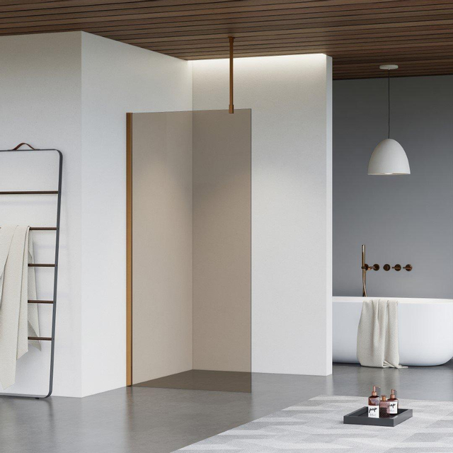 Fortifura Galeria inloopdouche - 50x200cm - rookglas - plafondarm - Geborsteld koper PVD (Koper) SW797936/SW876702/SW876705
