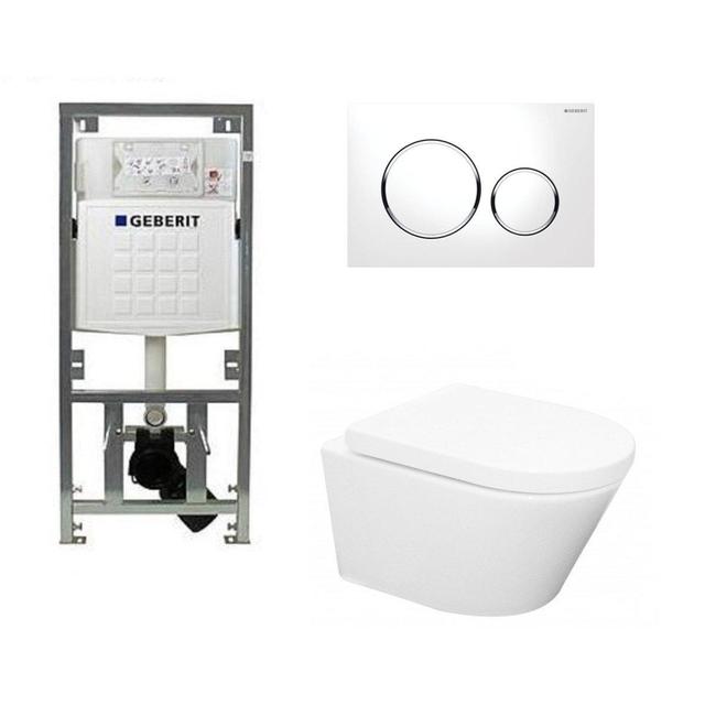 Geberit Wiesbaden Vesta toiletset Rimless 52cm inclusief UP320 toiletreservoir en softclose toiletzitting met bedieningsplaat sigma20 wit 0701131/sw53743/sw65812/