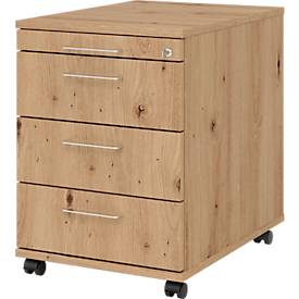 Verrijdbare lade 1233 Breno, 3 laden & 1 lade voor keukengerei, afsluitbaar, B 428 x D 580 x H 590 mm, essen eik
