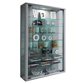 Wandkast Vitrosa Mini - B 590 x D 180 x H 910 mm - ZONDER LED-verlichting - 8 legborden - glas en hout - zilver
