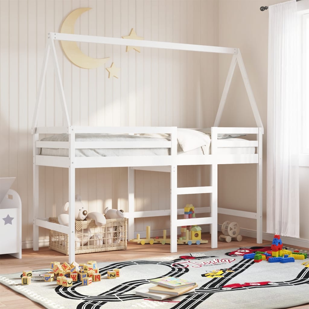 VidaXL Halfhoogslaper met ladder en bedhuis grenenhout wit 80x200 cm