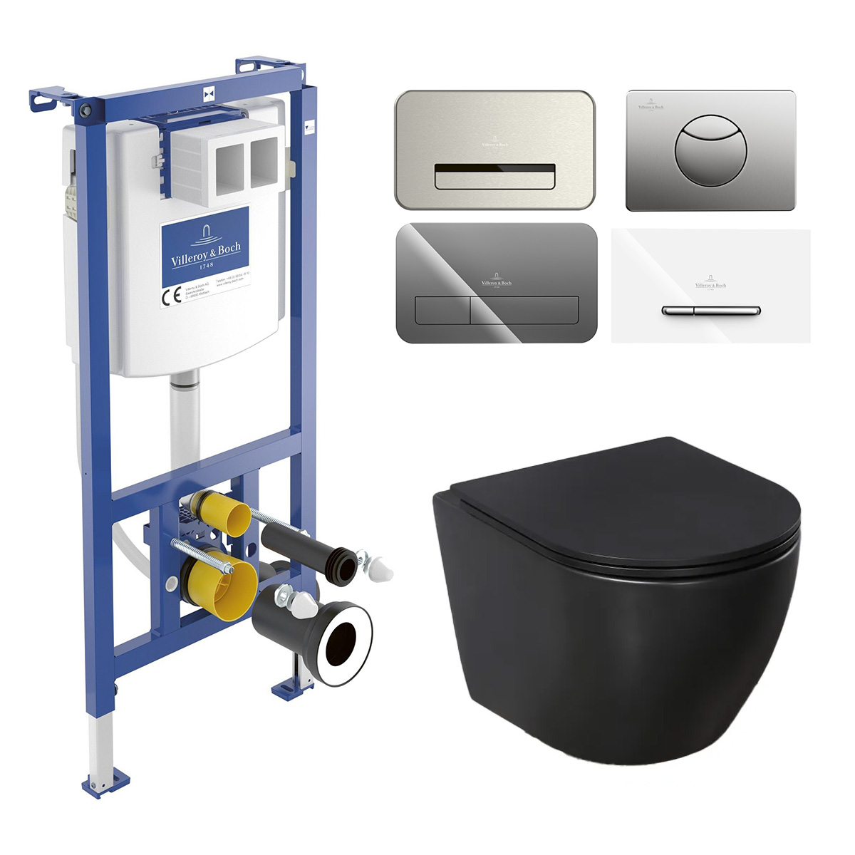 Villeroy & Boch ViConnect toiletset met Saniclear Itsie randloos toilet zwart mat