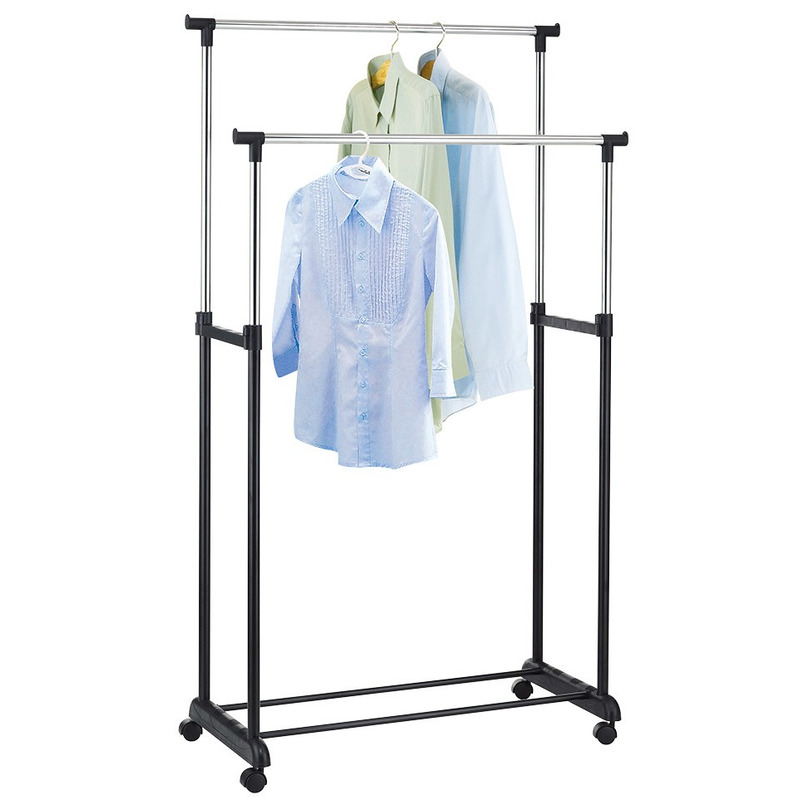 HI Mobiel kledingrek dubbele stang - zwart/chroom - verstelbaar 100 tot 170 cm - met wielen -