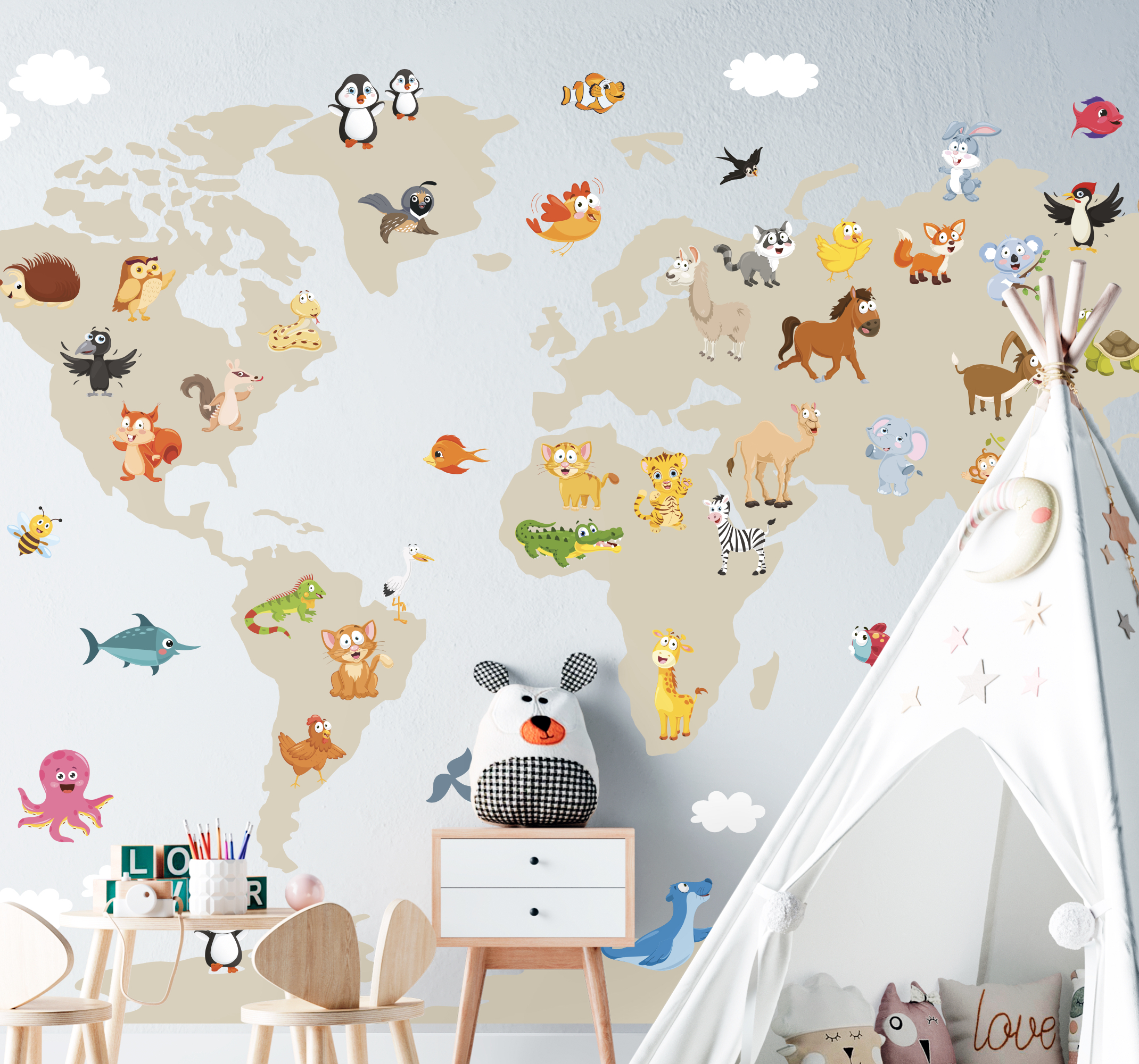 Tenstickers Muurstickers wereldkaart kinderkamer dieren cartoon stijl