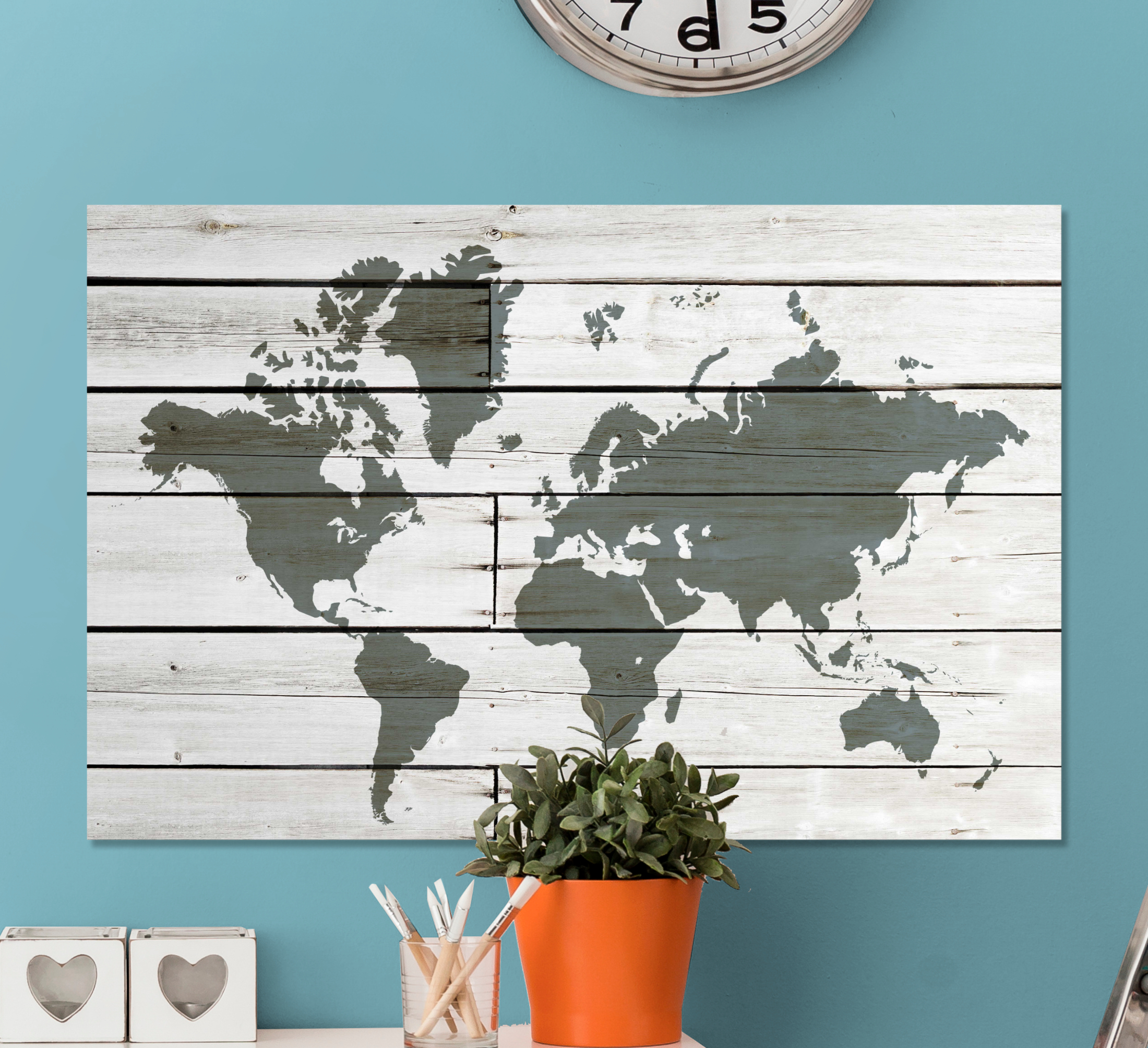 Tenstickers Wereldkaart canvas schilderij Houten grijs