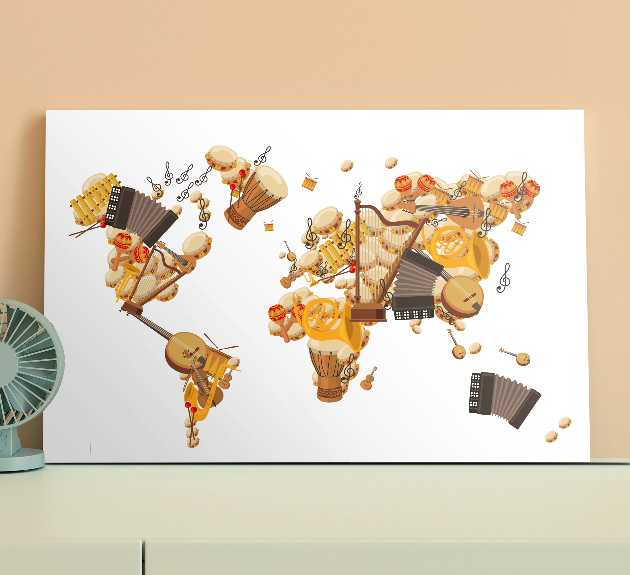 Tenstickers Wereldkaart canvas schilderij Muziekinstrument