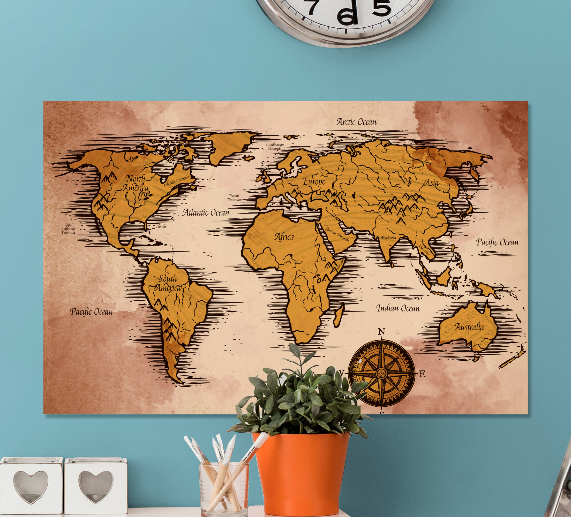 Tenstickers Wereldkaart canvas schilderij Vintage met namen
