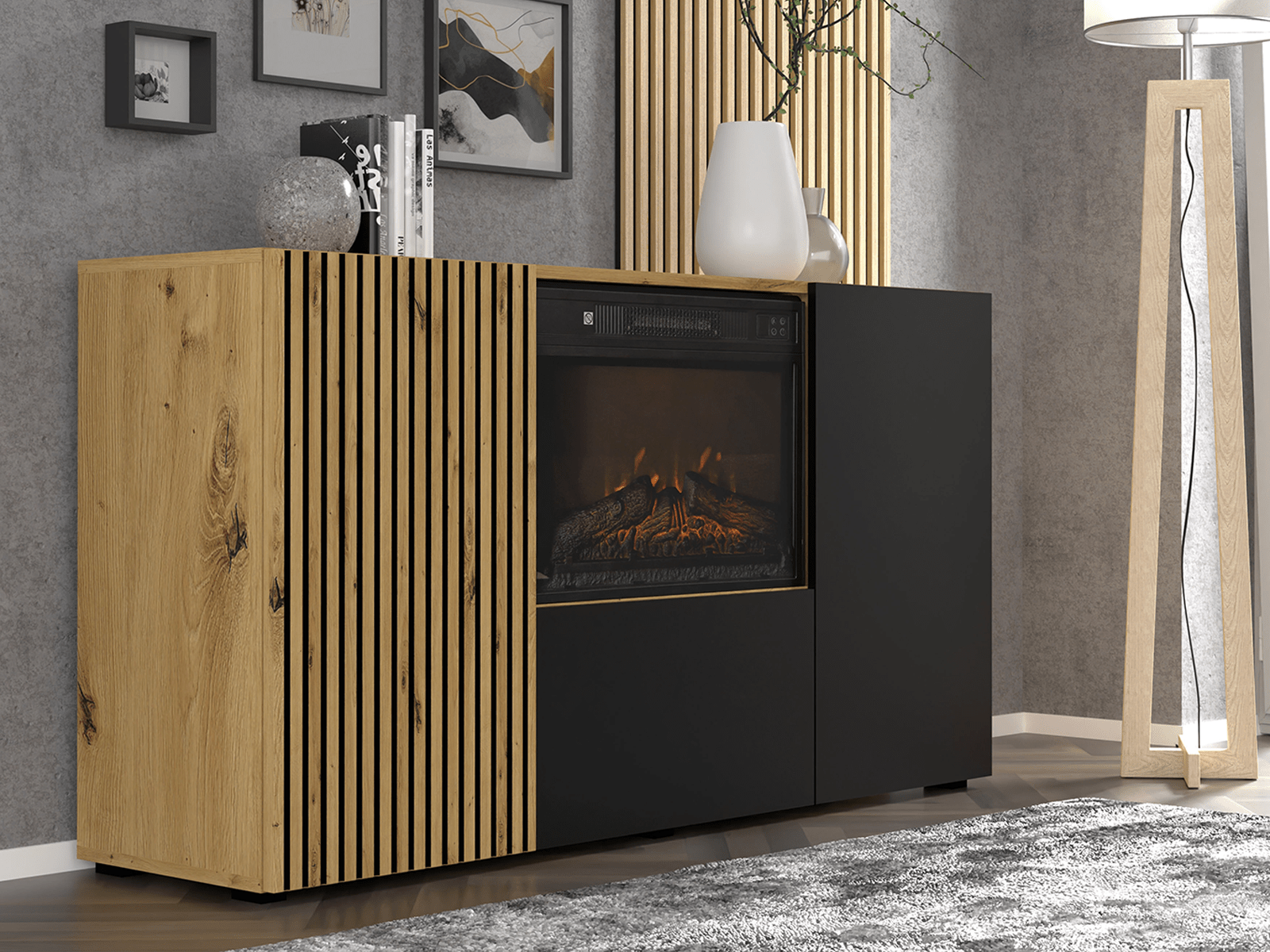 Mobistoxx Dressoir ORISA 3 deuren artisan eik/zwart met haard