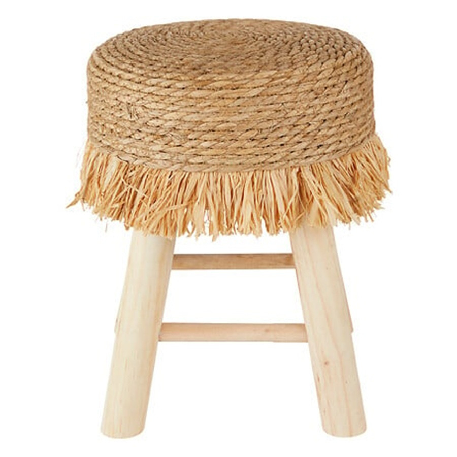 Atmosphera Bijzet krukje model Yucatan - beige - hout - D30 x H40 cm - Meubels - Zitten -
