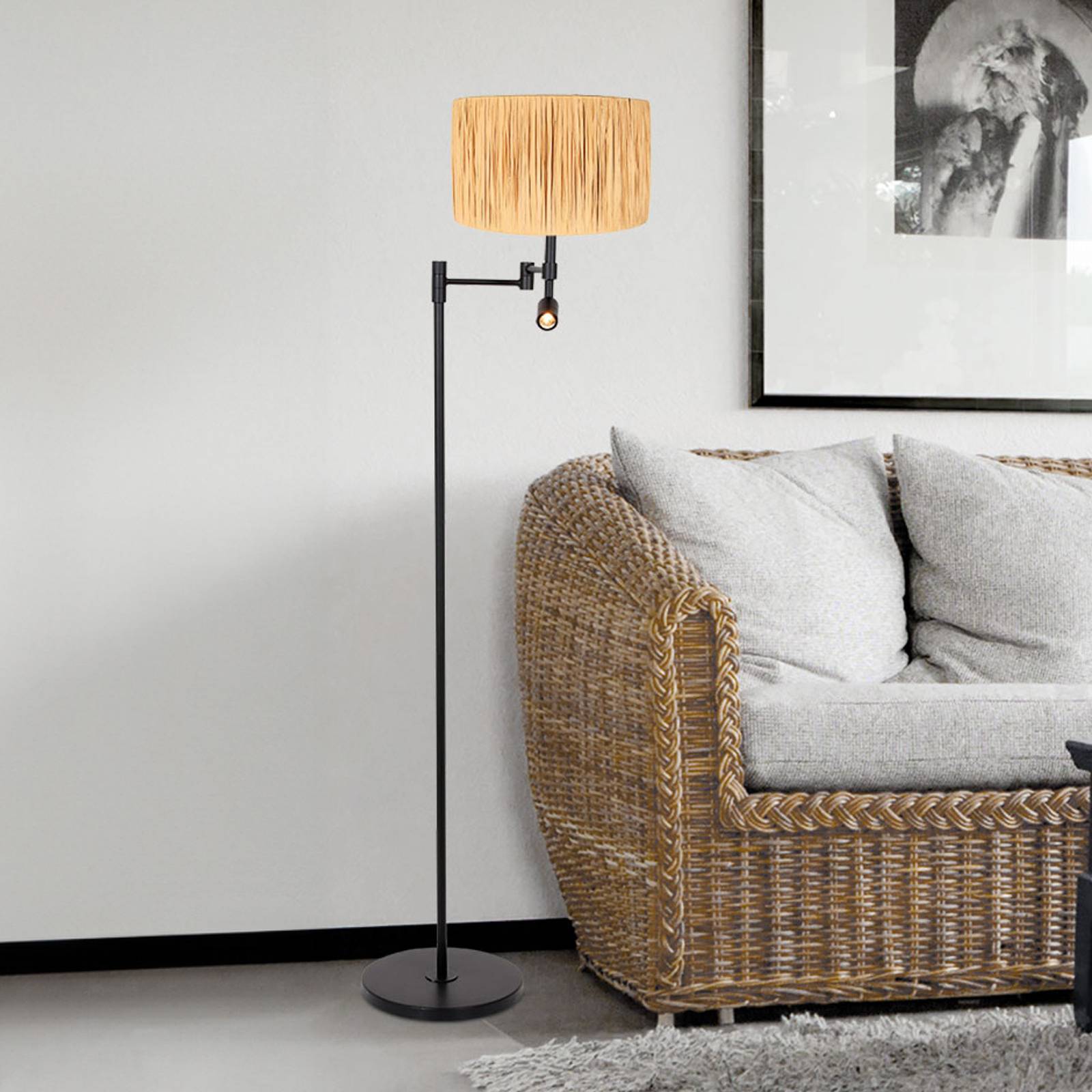 Steinhauer Stang vloerlamp, LED leeslampje, natuurlijk vlechtwerk
